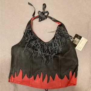 NWT Black and Red Leather Fringe Halter Top